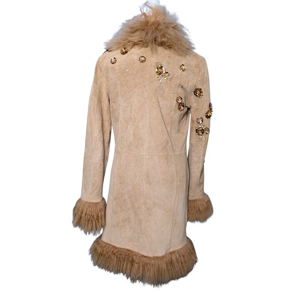 Penny Lane 100% genuine Suede Jacket, Lamb Fur Trim, Sequin Embroidery - S - Picture 1 of 12